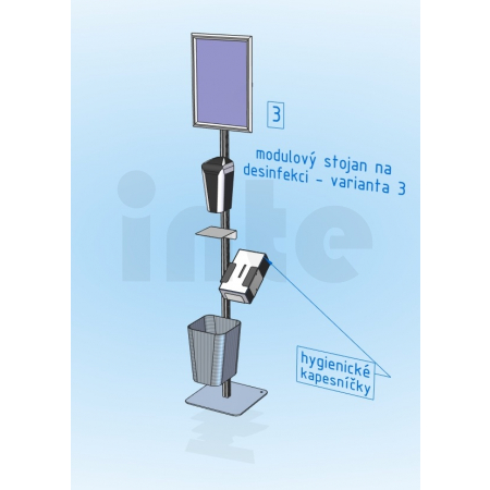 Univerzální stojan s bezdotykovým dávkovačem, info tabulkou, zásobníkem a košem